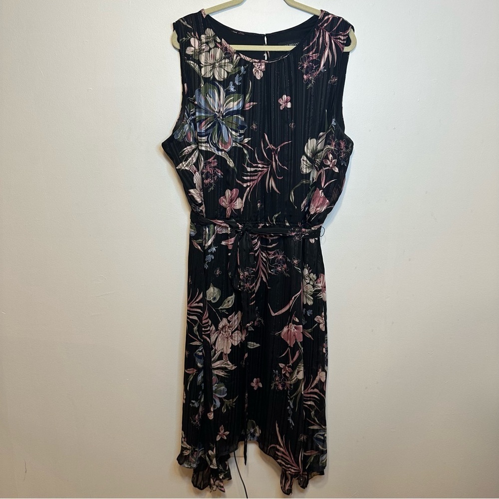 Lane Bryant Dress 26 Sleeveless Black Belted Floral Multicolor Midi Plus Size - Picture 1 of 10